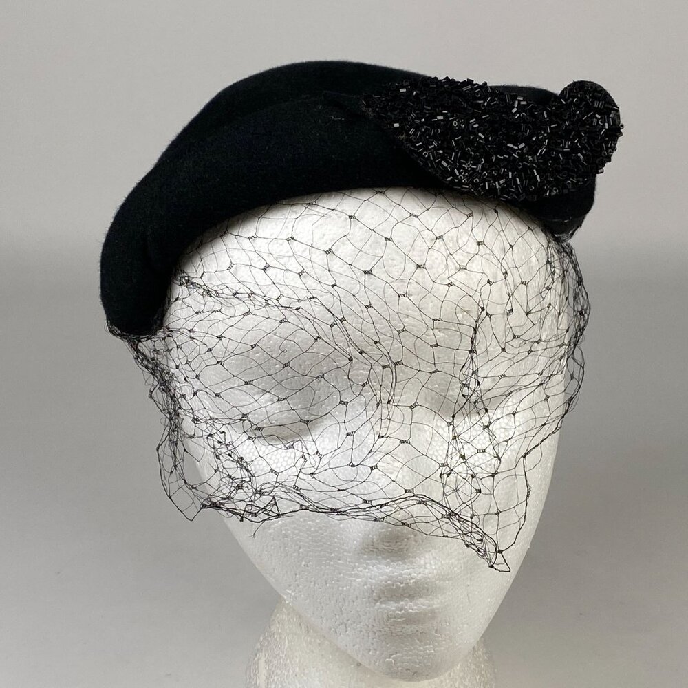 Vintage Glenover Henry Pollak Black Wool Fascinator Hat Birdcage Veil Beaded